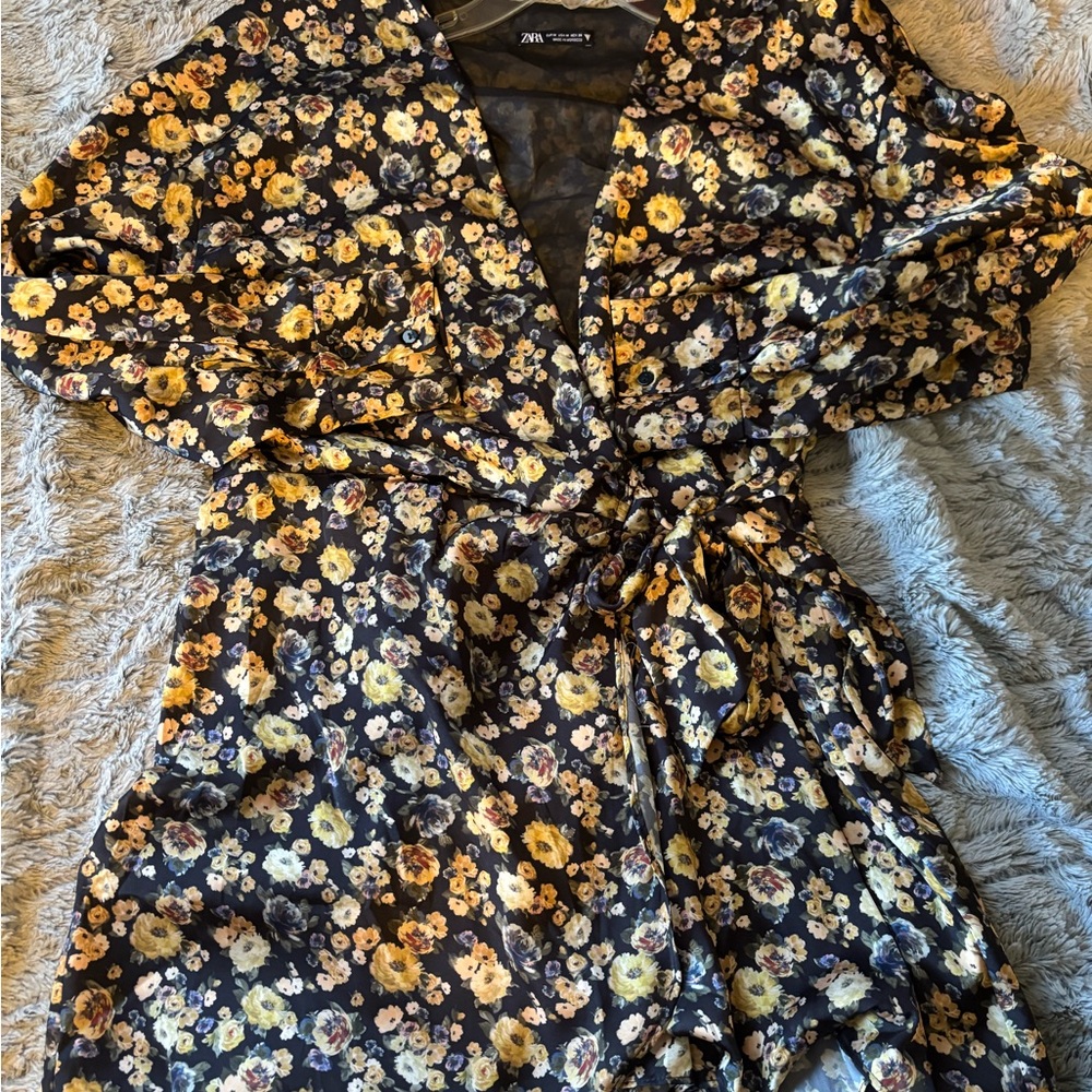 Zara Black Dress with Yellow and Cream Floral Design